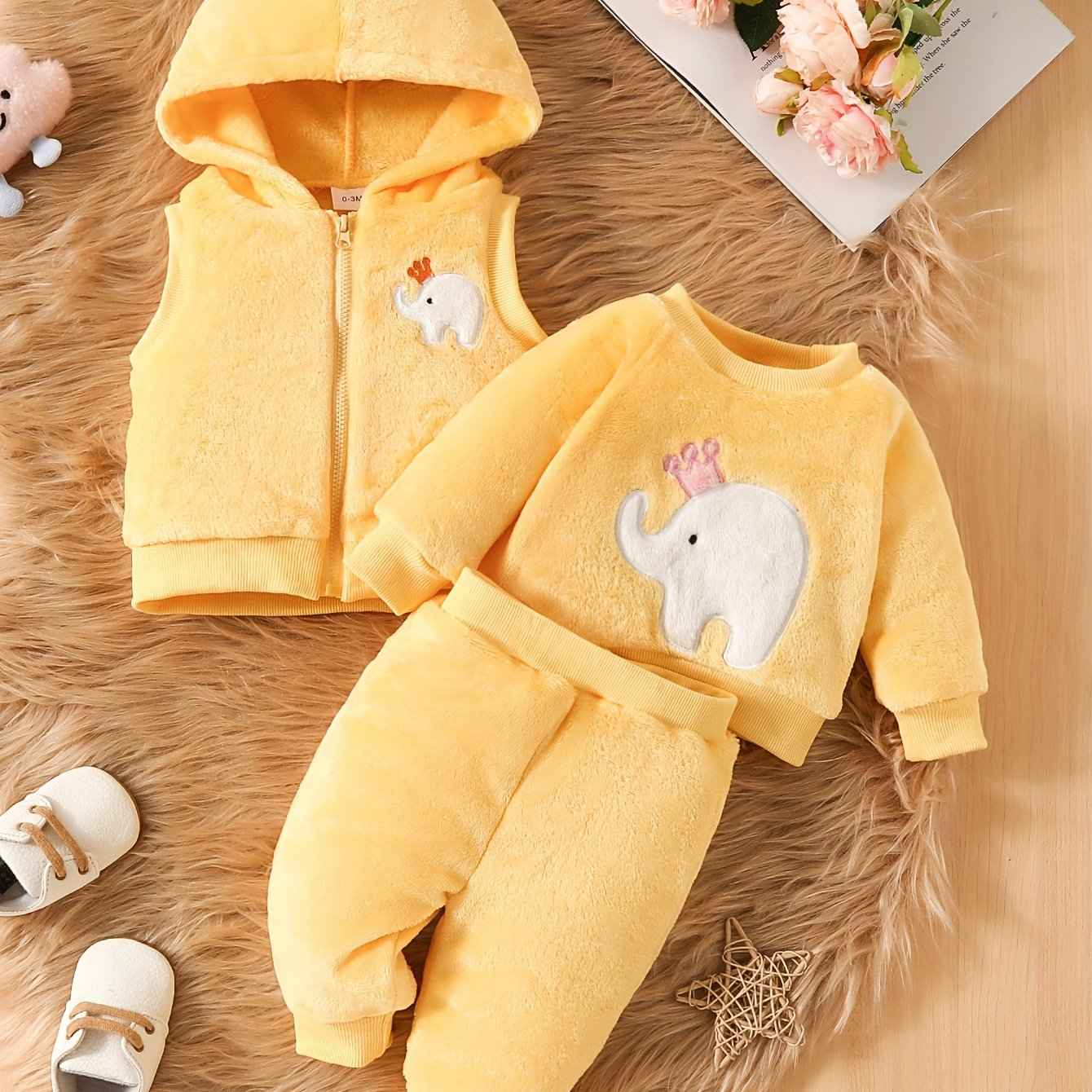 Cute Baby Girl Elephant Embroidered Plush Hooded Jacket, Plush Top + Pants 3pcs Set, A Must Outfits For Winter Fall!