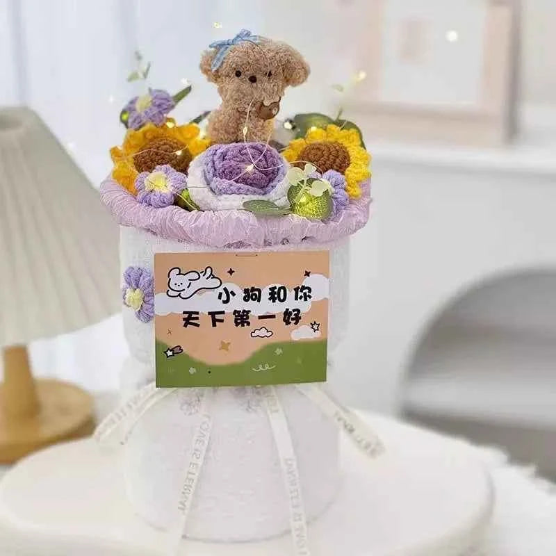 Cute Dog Doll Hand-Knitted Crochet Graduation Flower Bouquet Valentine's Day Gifts Finished Crochet Flower Bouquet 졸업식 꽃다발