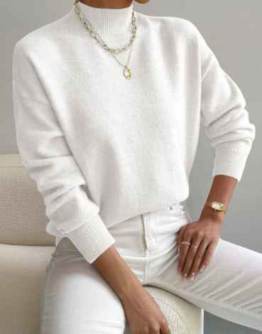 Women's Pullover Sweater Casual Solid Color Mid-high Neck Long-sleeved Knitted Tops Clothing