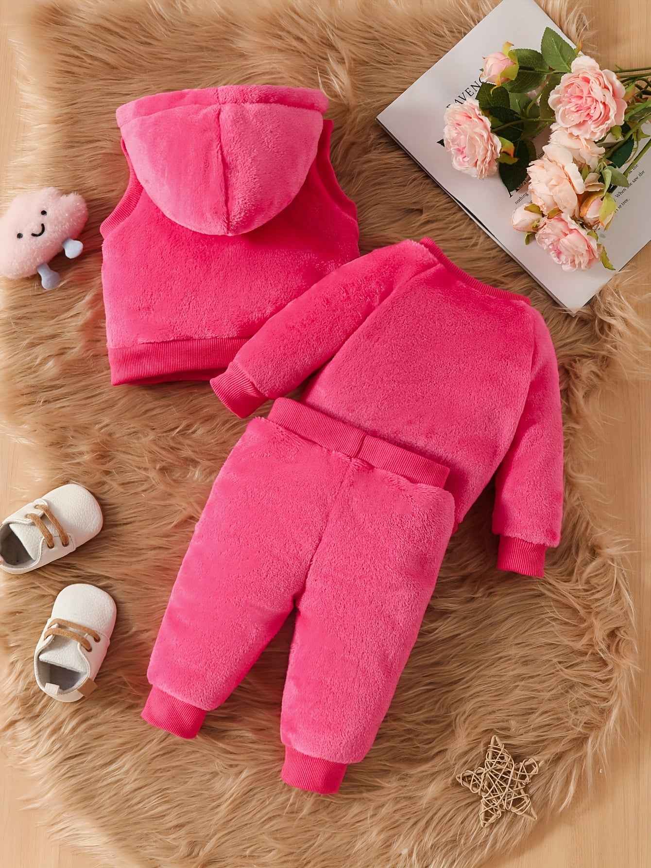Cute Baby Girl Elephant Embroidered Plush Hooded Jacket, Plush Top + Pants 3pcs Set, A Must Outfits For Winter Fall!