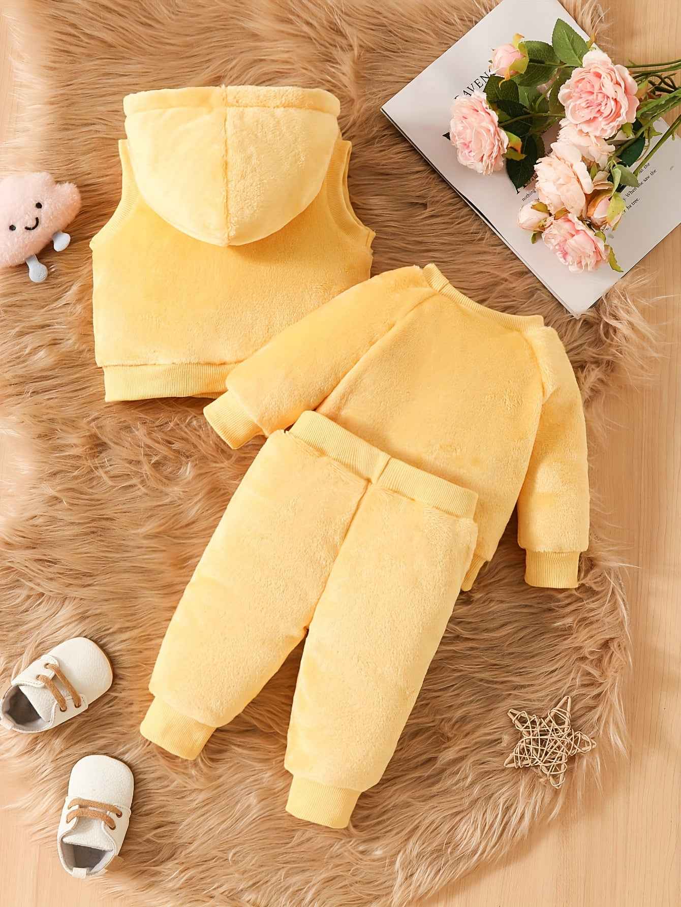 Cute Baby Girl Elephant Embroidered Plush Hooded Jacket, Plush Top + Pants 3pcs Set, A Must Outfits For Winter Fall!