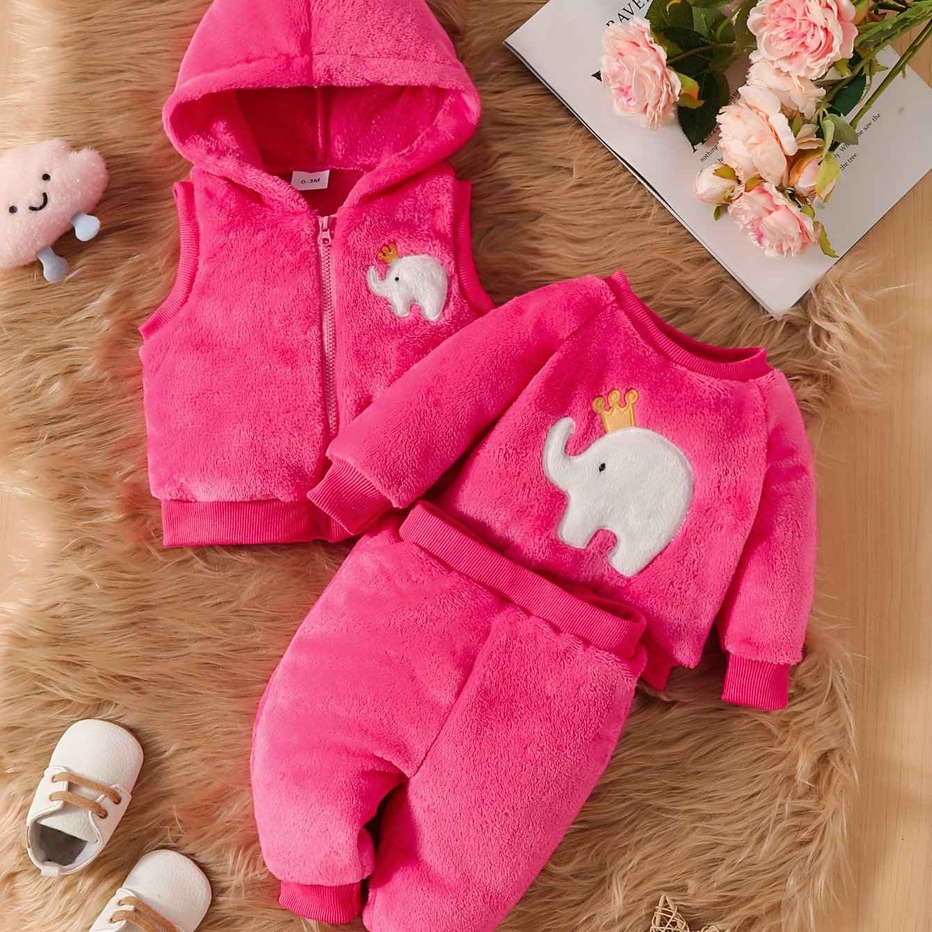 Cute Baby Girl Elephant Embroidered Plush Hooded Jacket, Plush Top + Pants 3pcs Set, A Must Outfits For Winter Fall!