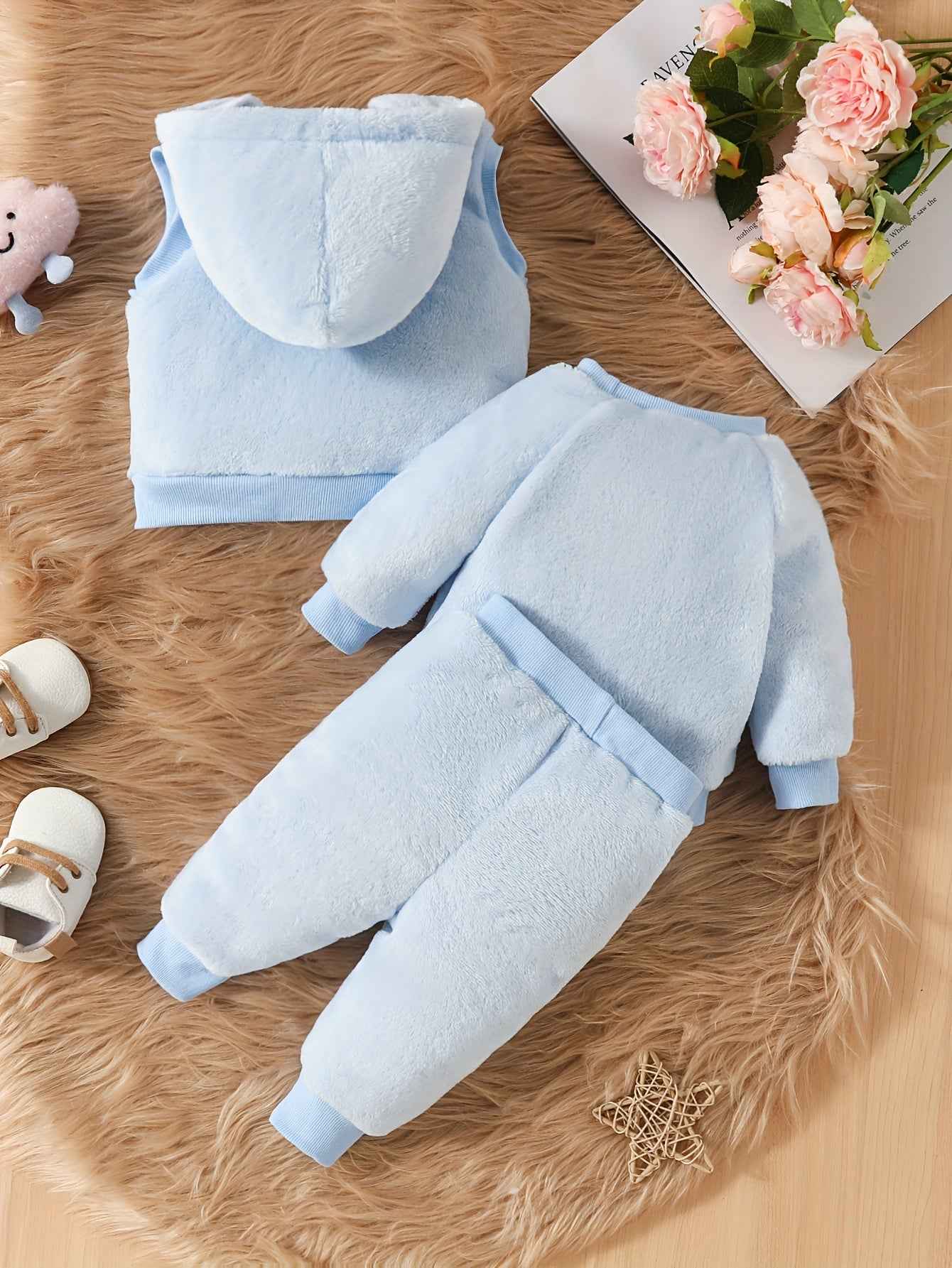 Cute Baby Girl Elephant Embroidered Plush Hooded Jacket, Plush Top + Pants 3pcs Set, A Must Outfits For Winter Fall!