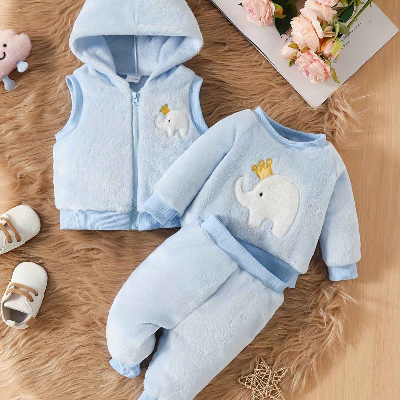 Cute Baby Girl Elephant Embroidered Plush Hooded Jacket, Plush Top + Pants 3pcs Set, A Must Outfits For Winter Fall!
