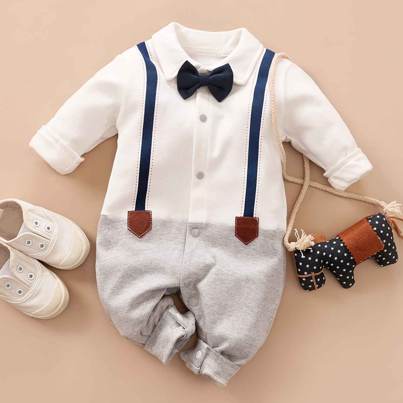 Cotton Bow Tie Gentleman Boy Classic Long Sleeve Spring And Autumn Baby Bodysuit