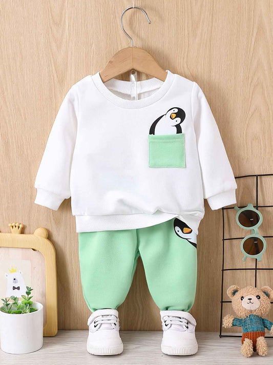 2pcs Baby Newborn Boys Penguin Pattern Long Sleeve Pullover & Sports Pants Set Clothes