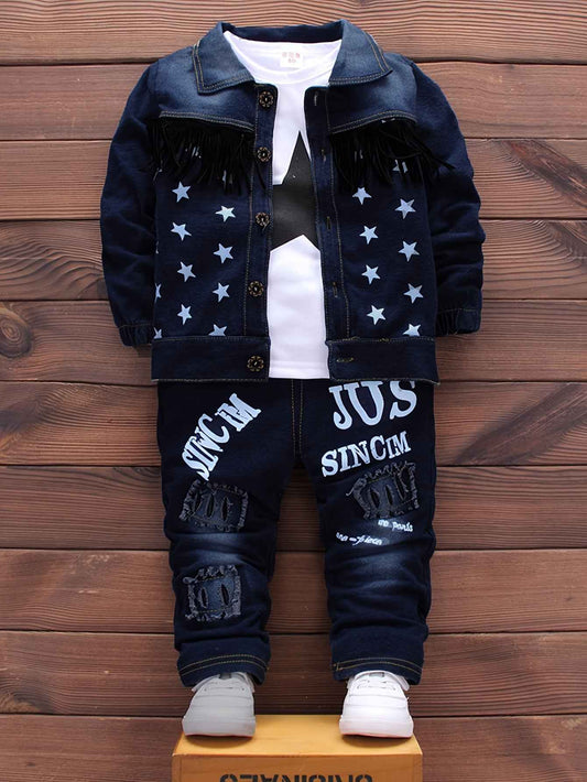 3pcs Baby Boy's Cowboy Denim Outfit, Tassel Denim Jacket & Star Pattern Long Sleeve Top & Jeans Set, Baby's Clothing, As Gift