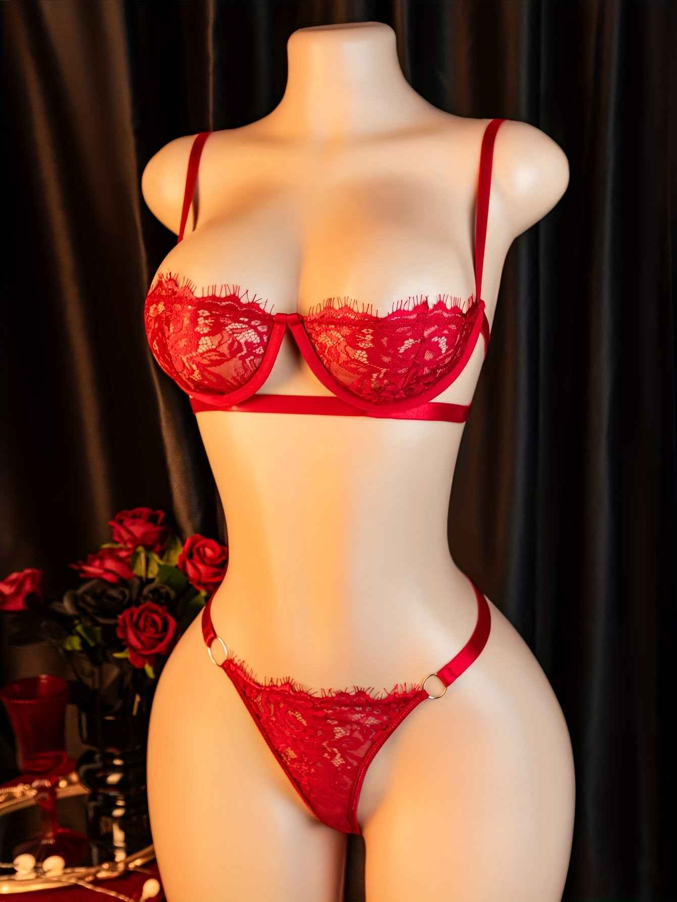 Elegant Red Lace Two-Piece Set for Women - Sexy Strapless Bra & Thong with Ribbon Accents, Perfect for Adult Fashion, Adult Fashion | Lace Bralette | Ribbon Accents, Lace lingerie