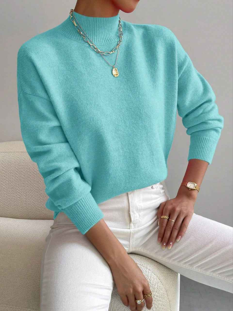 Women's Pullover Sweater Casual Solid Color Mid-high Neck Long-sleeved Knitted Tops Clothing
