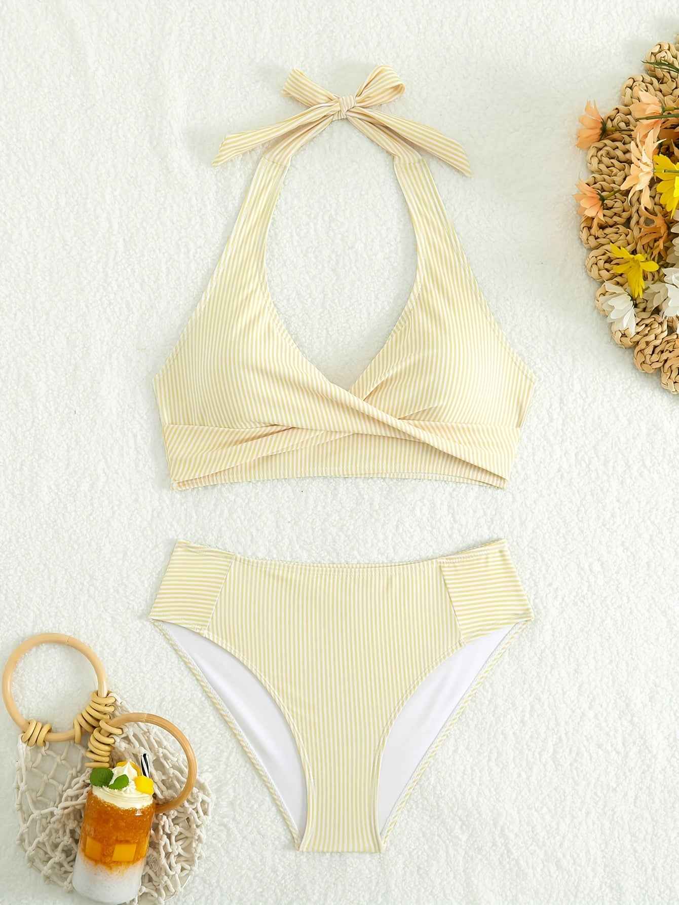 25SS Summer Trend Halter Neck Striped Tie Bikini Swimsuit for Women, Sexy Bikini Two-Piece Set Cross Beach Vacation Swimwear
