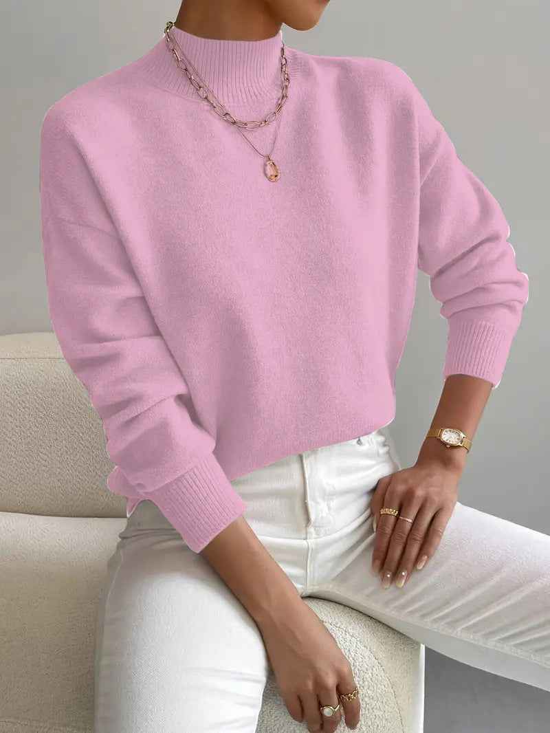 Women's Pullover Sweater Casual Solid Color Mid-high Neck Long-sleeved Knitted Tops Clothing