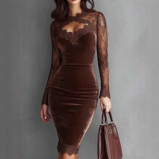 Women's Solid Color Sexy Lace Trim Bodycon Midi Dress, Long Sleeve Party Dress For Spring Autumn Evenings