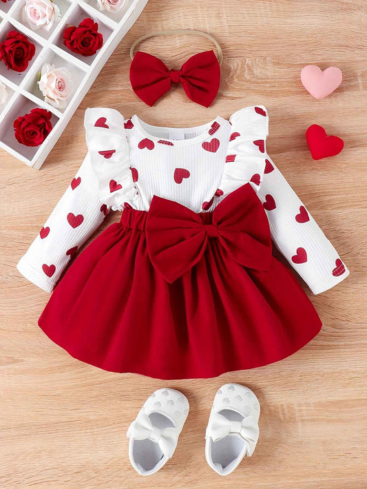 Baby Girls Exquisite & Comfortable Love Print Long Sleeve Color Block Dress For Banquet