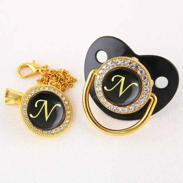Luxury Black Gold Baby Pacifier with Clip, Letter M