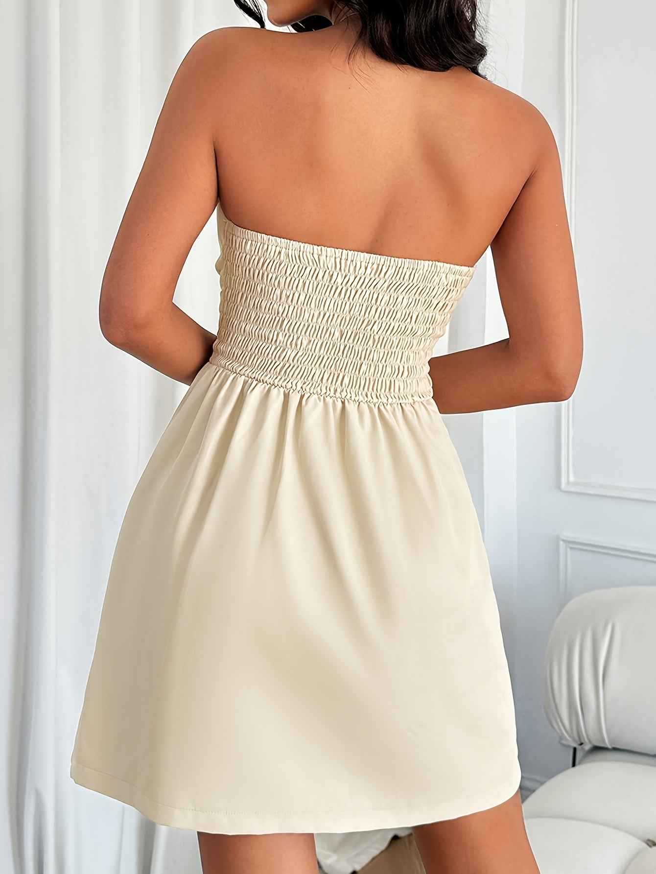 Elegant Off-the-Shoulder Mini Dress for Women - Sexy Ruched Polyester Spring Dress with Flared Skirt, Sleeveless & Solid Color, Perfect for Parties and Formal Events, Cute Dresses