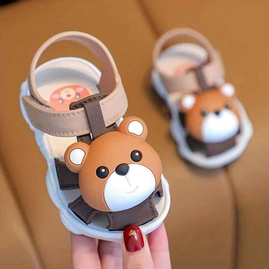 Baby Boys Girls Kawaii Cartoon Bear Hook And Loop Sandals, Non-Slip Comfy Summer Beach Shoes, Crib Shoes