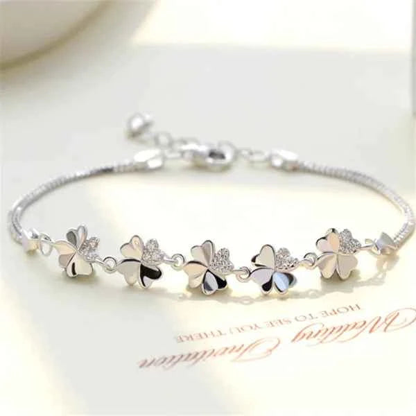 Floral Bracelet with Full Diamond Four-Leaf Clover