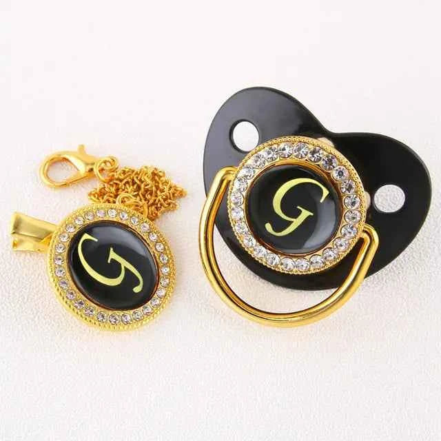 Luxury Black Gold Baby Pacifier with Clip, Letter M