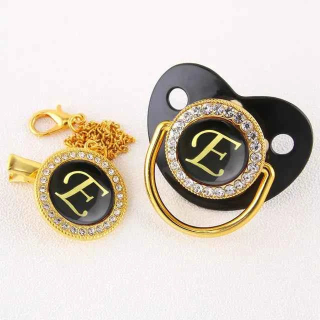 Luxury Black Gold Baby Pacifier with Clip, Letter M