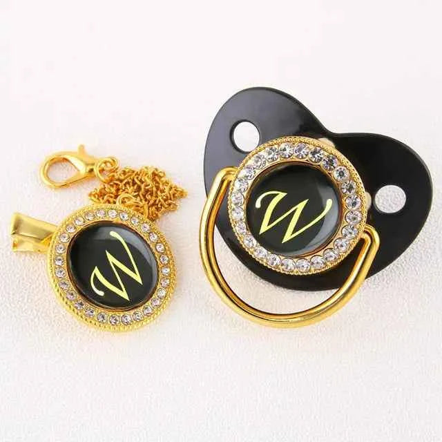 Luxury Black Gold Baby Pacifier with Clip, Letter M