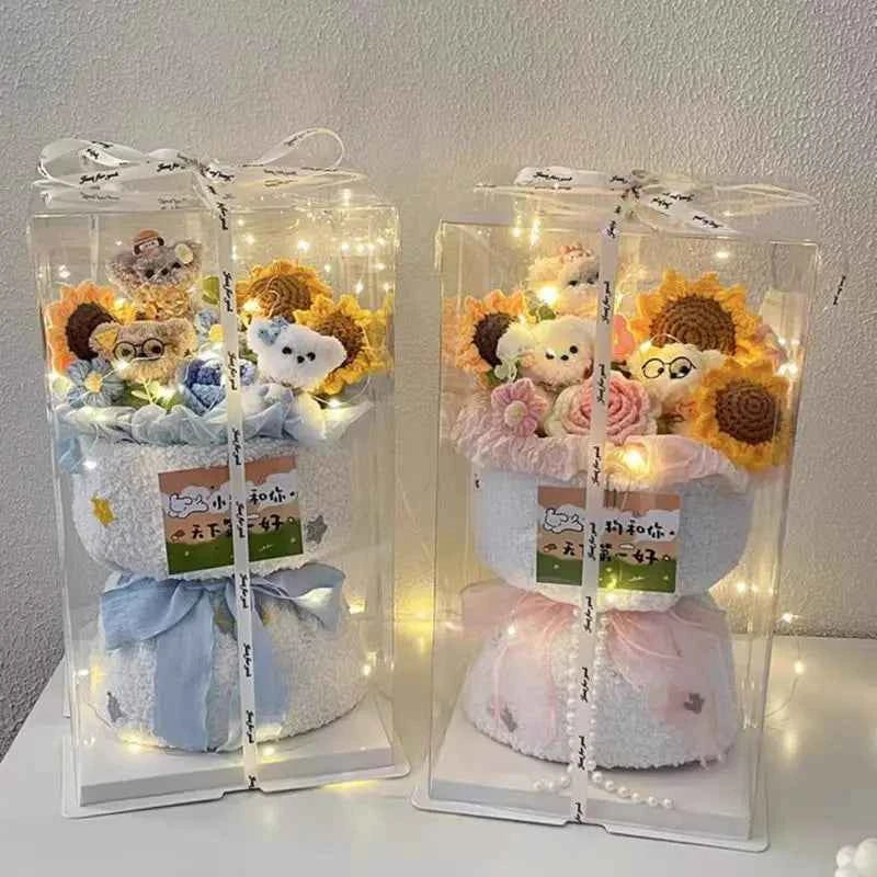 Cute Dog Doll Hand-Knitted Crochet Graduation Flower Bouquet Valentine's Day Gifts Finished Crochet Flower Bouquet 졸업식 꽃다발