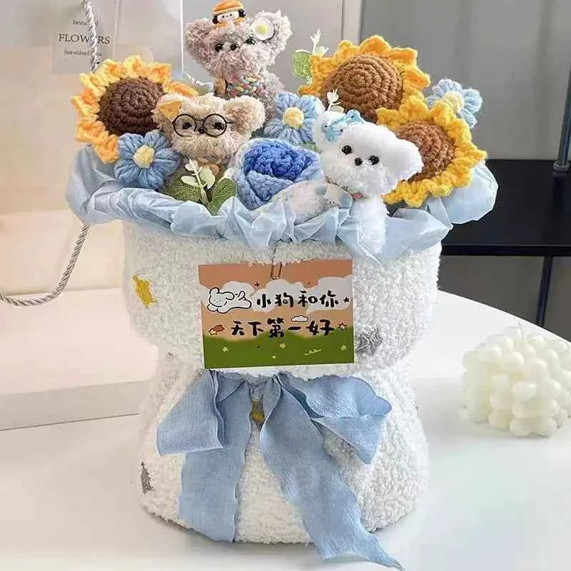 Cute Dog Doll Hand-Knitted Crochet Graduation Flower Bouquet Valentine's Day Gifts Finished Crochet Flower Bouquet 졸업식 꽃다발