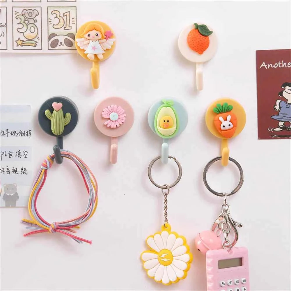 1pc Cute Wall Hooks Key Holder Door Hanging Plastic Self Adhesive Wall Hanger Cartoon Fruits Shape Hook For Kids Room Home Decor