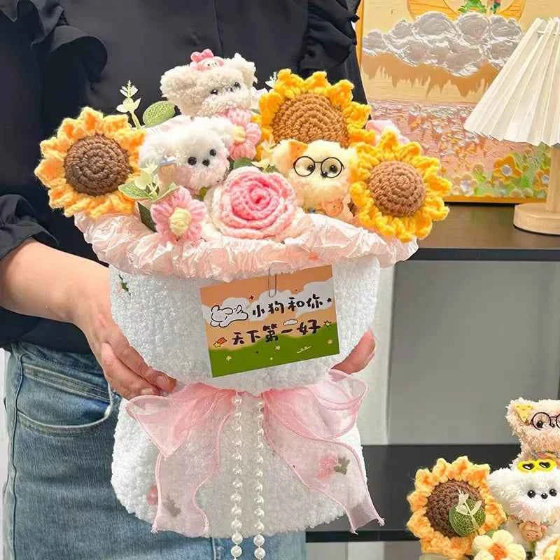 Cute Dog Doll Hand-Knitted Crochet Graduation Flower Bouquet Valentine's Day Gifts Finished Crochet Flower Bouquet 졸업식 꽃다발