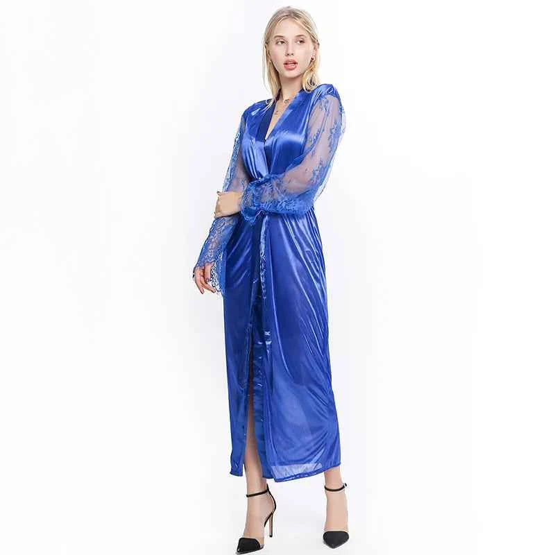 Womens Nightdress Sexy Long Lace Lingerie  Nightwear Bath Robe Gown Imitation Ice Silk Nightdress Solid Color Nightgown