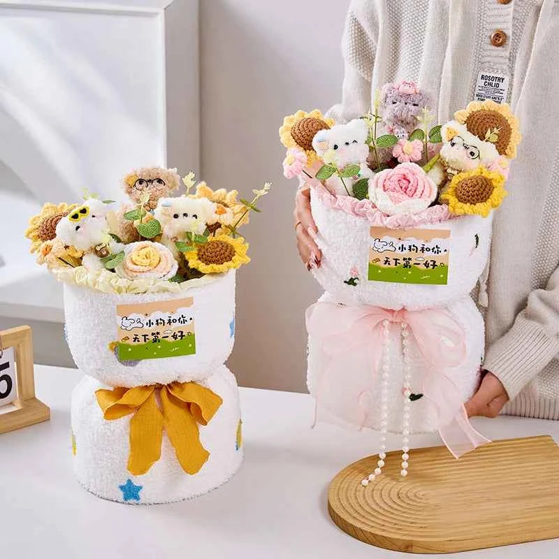 Cute Dog Doll Hand-Knitted Crochet Graduation Flower Bouquet Valentine's Day Gifts Finished Crochet Flower Bouquet 졸업식 꽃다발