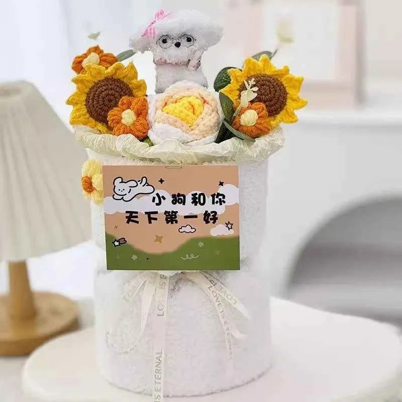 Cute Dog Doll Hand-Knitted Crochet Graduation Flower Bouquet Valentine's Day Gifts Finished Crochet Flower Bouquet 졸업식 꽃다발