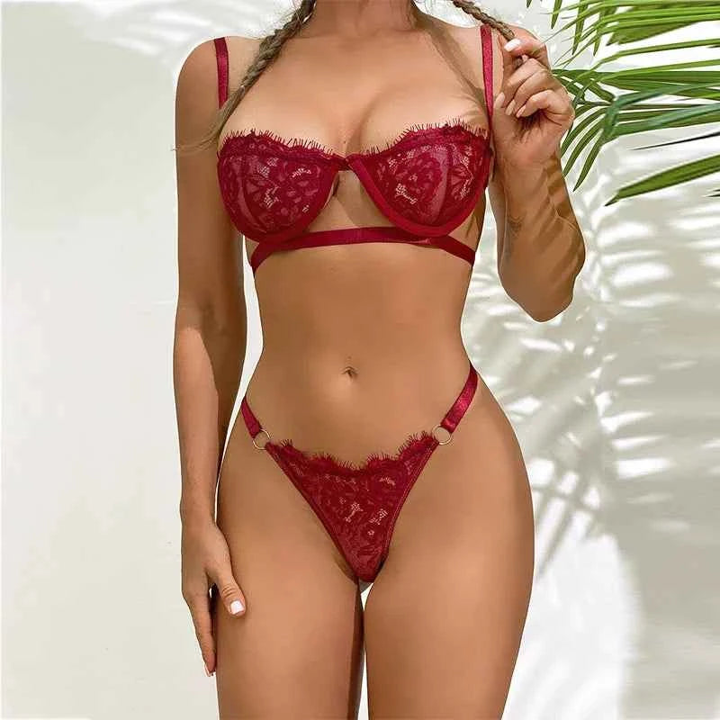 Exotic Temptation Transparent Two Piece Set Erotic Costumes Sexy Lingerie Lace Open Bra Half Chest Cup Thong Underwear Sets