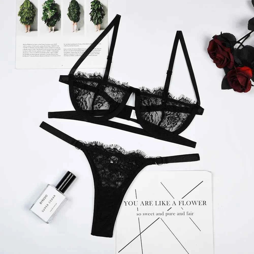 Lingerie Woman Lace Transparent Underwear Fairy Embroidery Brief Sets Delicate Bra Kit Push Up Breves Sets