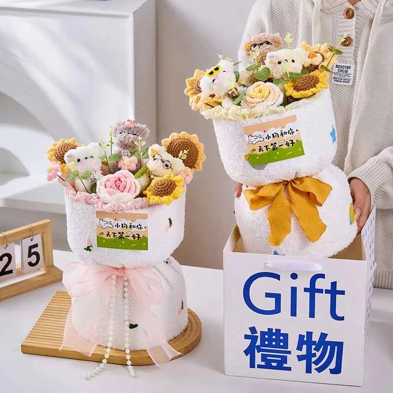 Cute Dog Doll Hand-Knitted Crochet Graduation Flower Bouquet Valentine's Day Gifts Finished Crochet Flower Bouquet 졸업식 꽃다발
