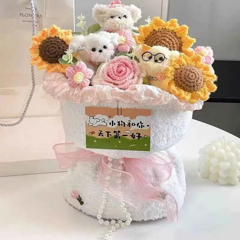 Cute Dog Doll Hand-Knitted Crochet Graduation Flower Bouquet Valentine's Day Gifts Finished Crochet Flower Bouquet 졸업식 꽃다발