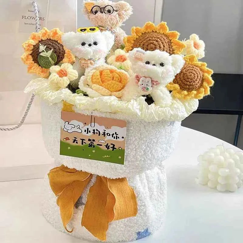 Cute Dog Doll Hand-Knitted Crochet Graduation Flower Bouquet Valentine's Day Gifts Finished Crochet Flower Bouquet 졸업식 꽃다발