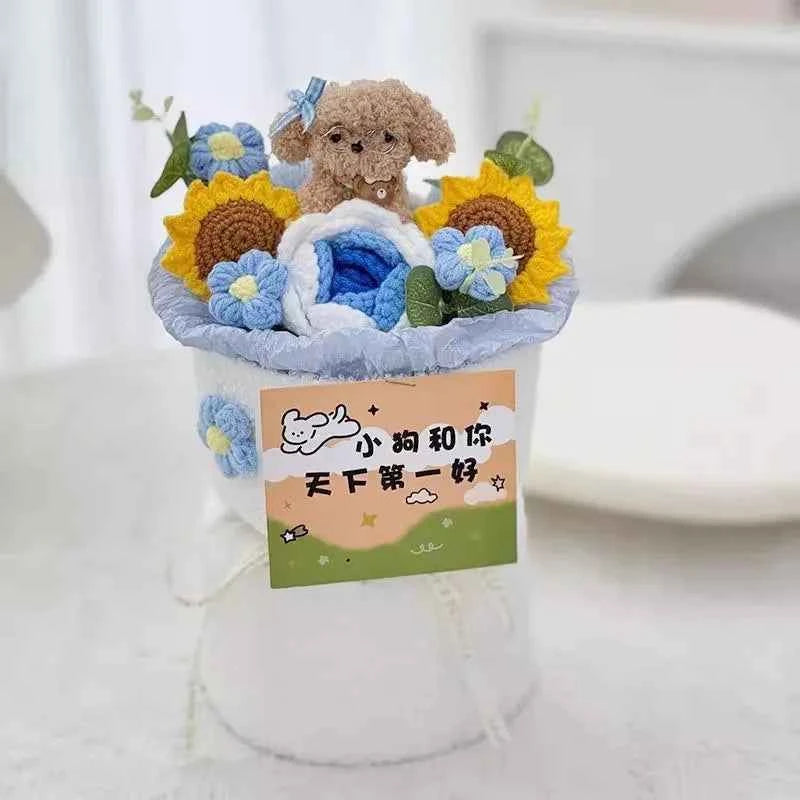 Cute Dog Doll Hand-Knitted Crochet Graduation Flower Bouquet Valentine's Day Gifts Finished Crochet Flower Bouquet 졸업식 꽃다발