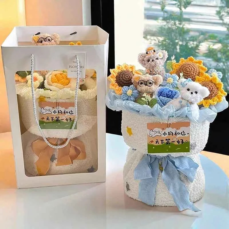 Cute Dog Doll Hand-Knitted Crochet Graduation Flower Bouquet Valentine's Day Gifts Finished Crochet Flower Bouquet 졸업식 꽃다발
