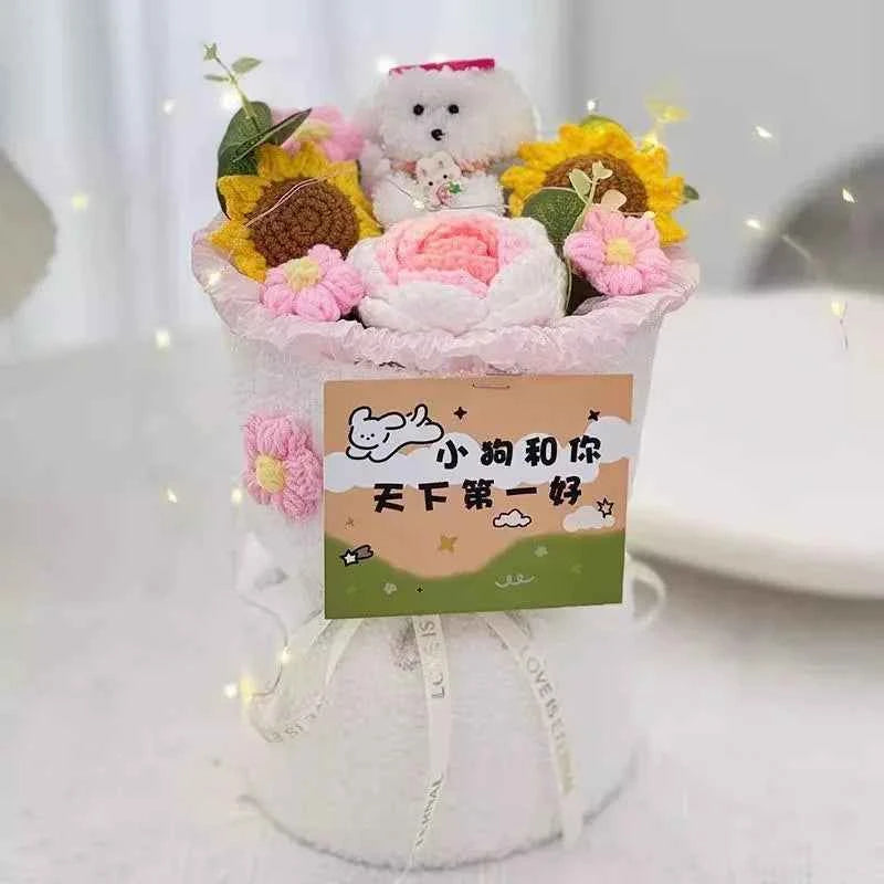 Cute Dog Doll Hand-Knitted Crochet Graduation Flower Bouquet Valentine's Day Gifts Finished Crochet Flower Bouquet 졸업식 꽃다발