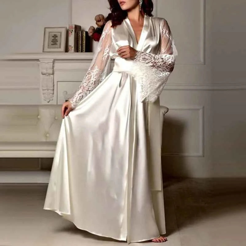 Womens Nightdress Sexy Long Lace Lingerie  Nightwear Bath Robe Gown Imitation Ice Silk Nightdress Solid Color Nightgown