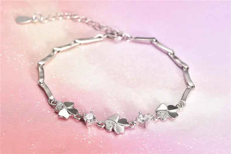 Floral Bracelet with Full Diamond Four-Leaf Clover