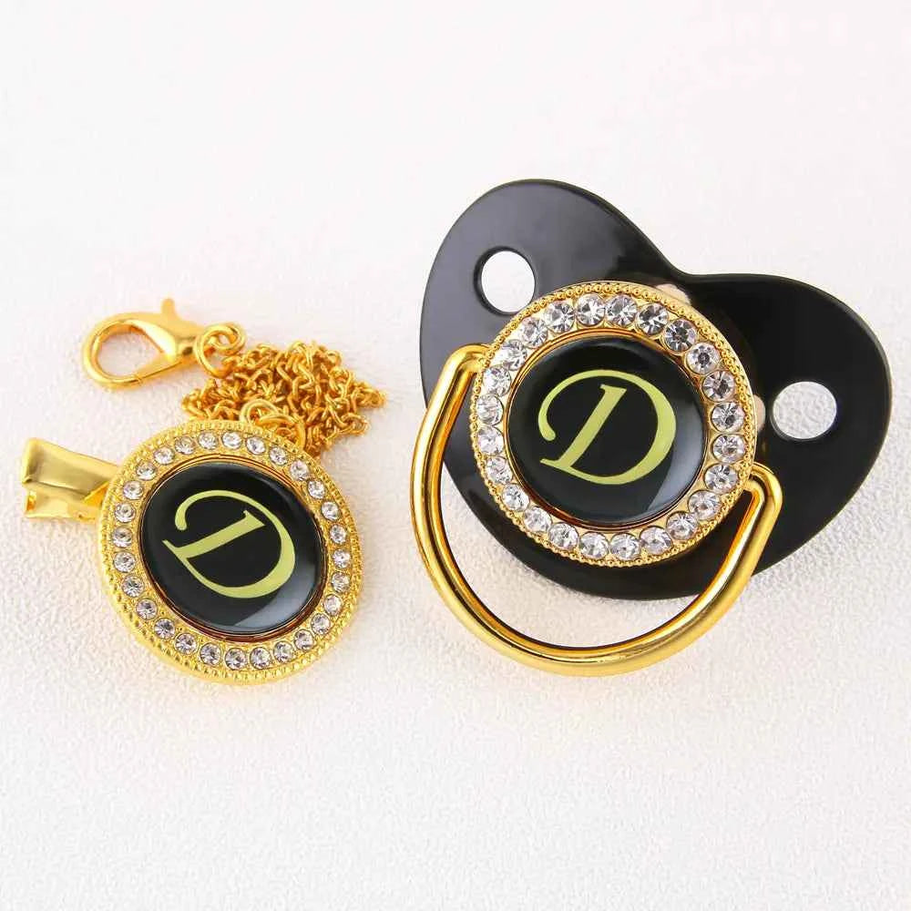 Luxury Black Gold Baby Pacifier with Clip, Letter M