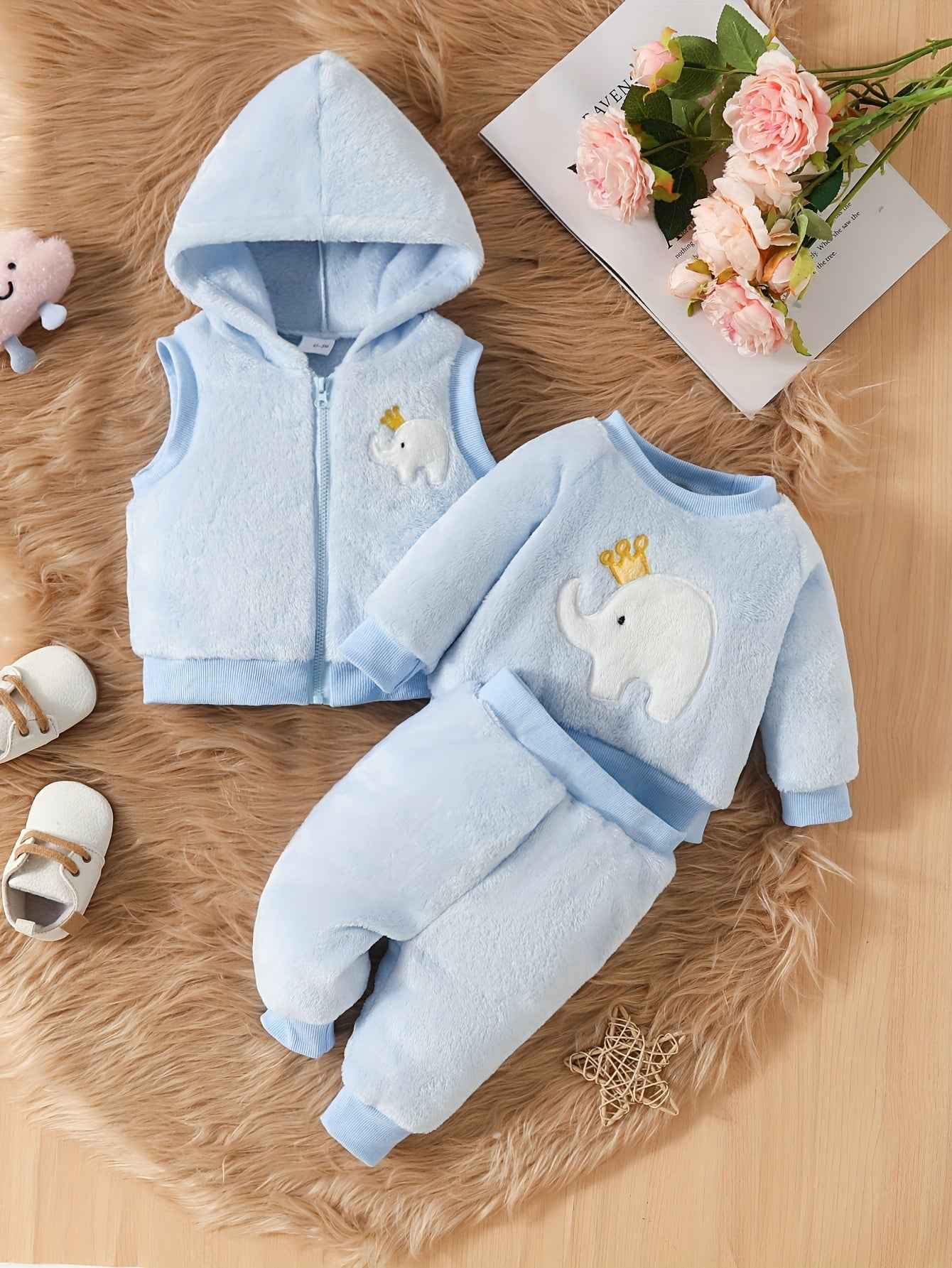 Cute Baby Girl Elephant Embroidered Plush Hooded Jacket, Plush Top + Pants 3pcs Set, A Must Outfits For Winter Fall!