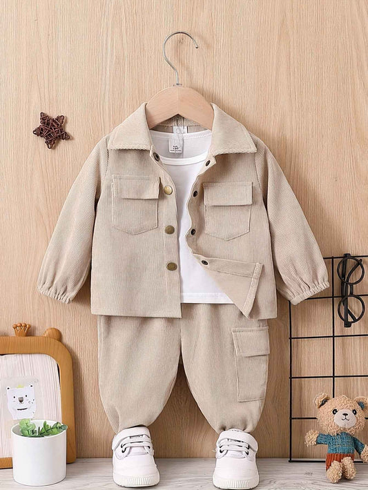 Baby Boys Spring/Autumn Outfits, Baby Stylish Cargo Pants Turn-down Collar Coat With Pockets Set, Outdoor Cloth