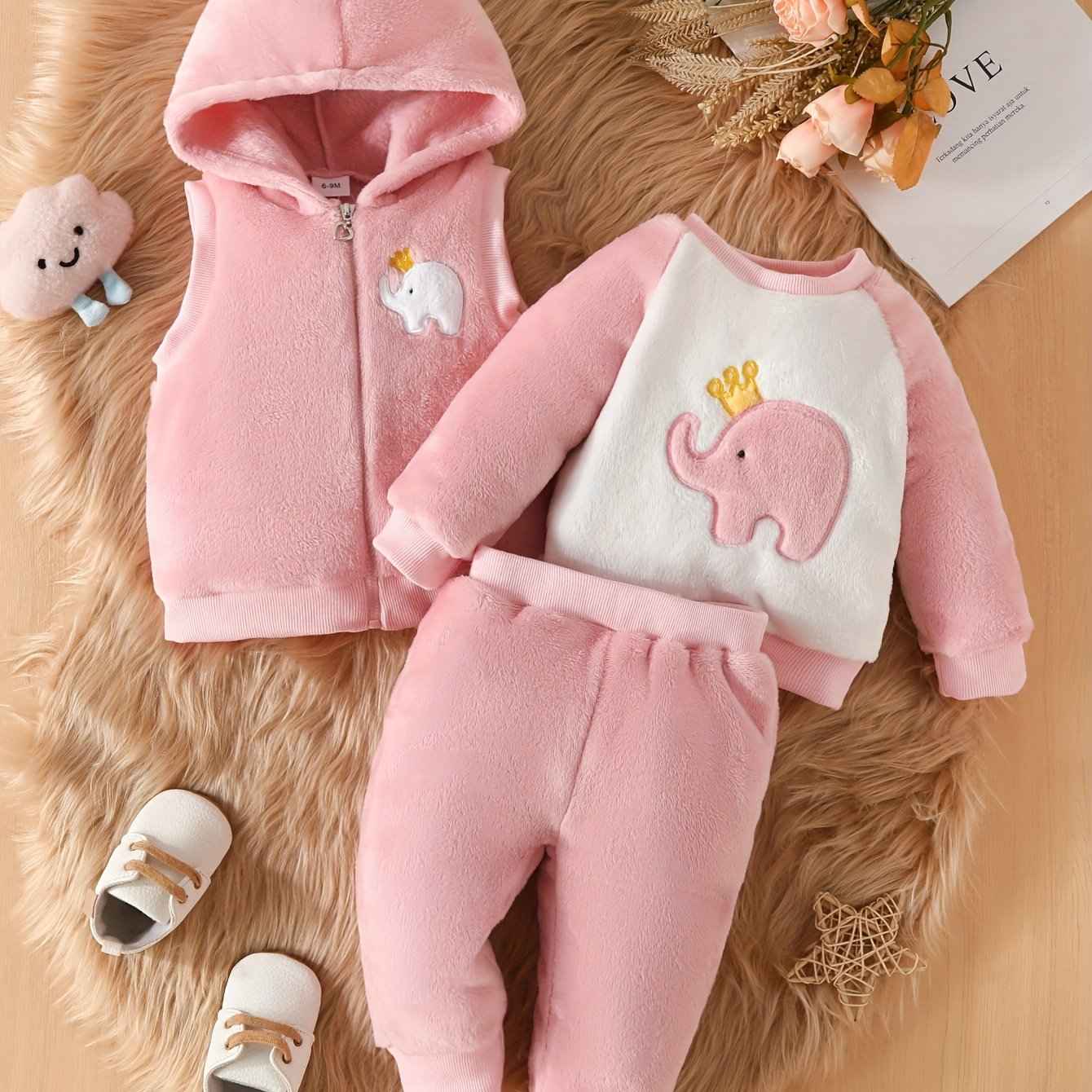 Cute Baby Girl Elephant Embroidered Plush Hooded Jacket, Plush Top + Pants 3pcs Set, A Must Outfits For Winter Fall!