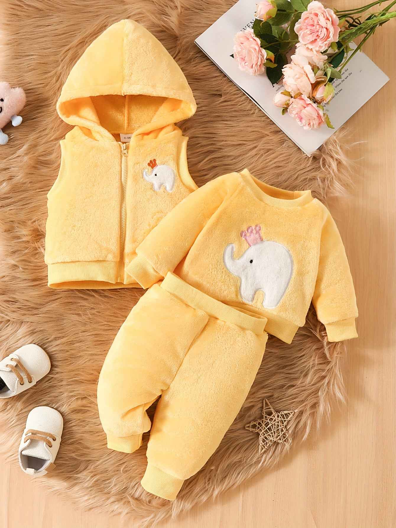 Cute Baby Girl Elephant Embroidered Plush Hooded Jacket, Plush Top + Pants 3pcs Set, A Must Outfits For Winter Fall!
