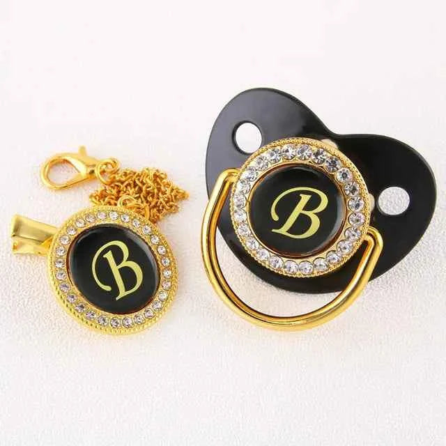Luxury Black Gold Baby Pacifier with Clip, Letter M