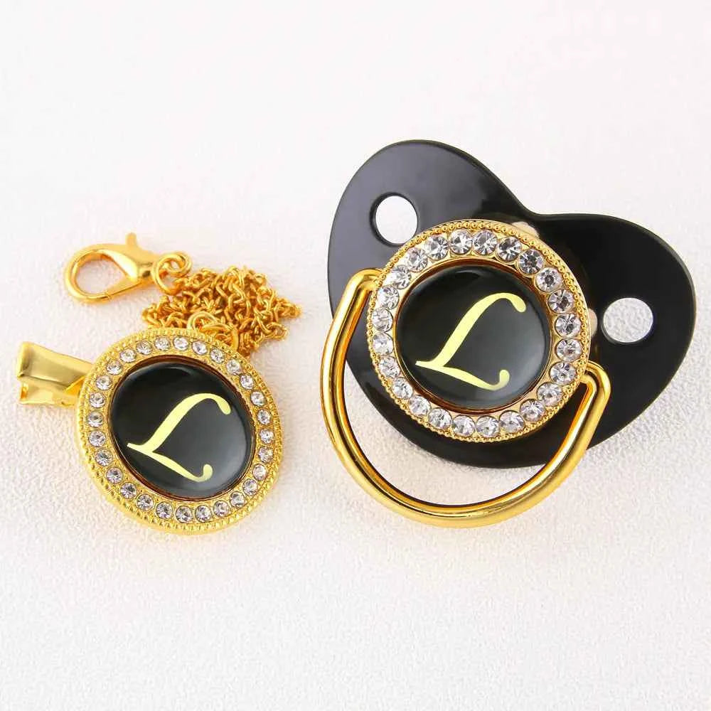 Luxury Black Gold Baby Pacifier with Clip, Letter M