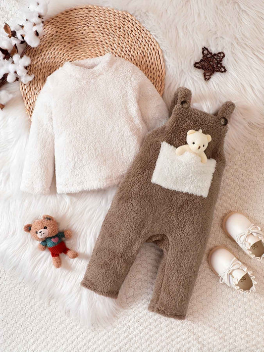 Baby Girls Cute Bear Graphic Reversible Fleece Bib Pants & Long Sleeve Top Outdoor Set, Kids outdoor clothes Autumn And Winter