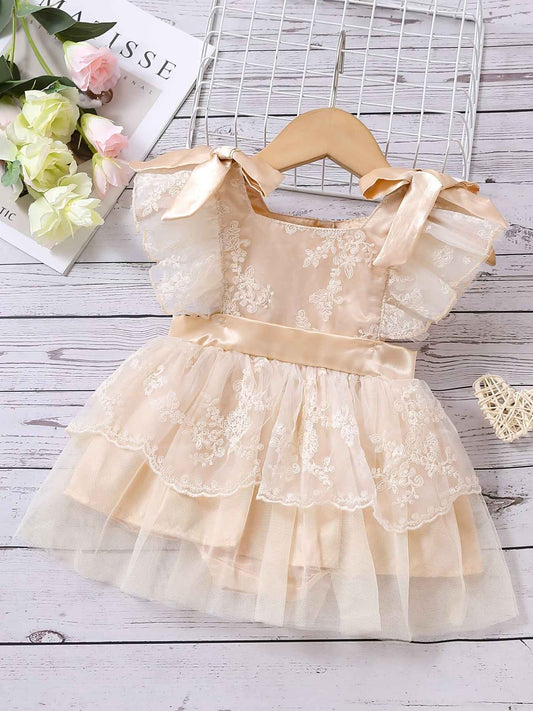 Baby Girls Elegant Fly Sleeve Bowknot Decor Lace Mesh Onesie Dress Clothes (One Size Larger), Coquette Style Summer Outdoor Clothes